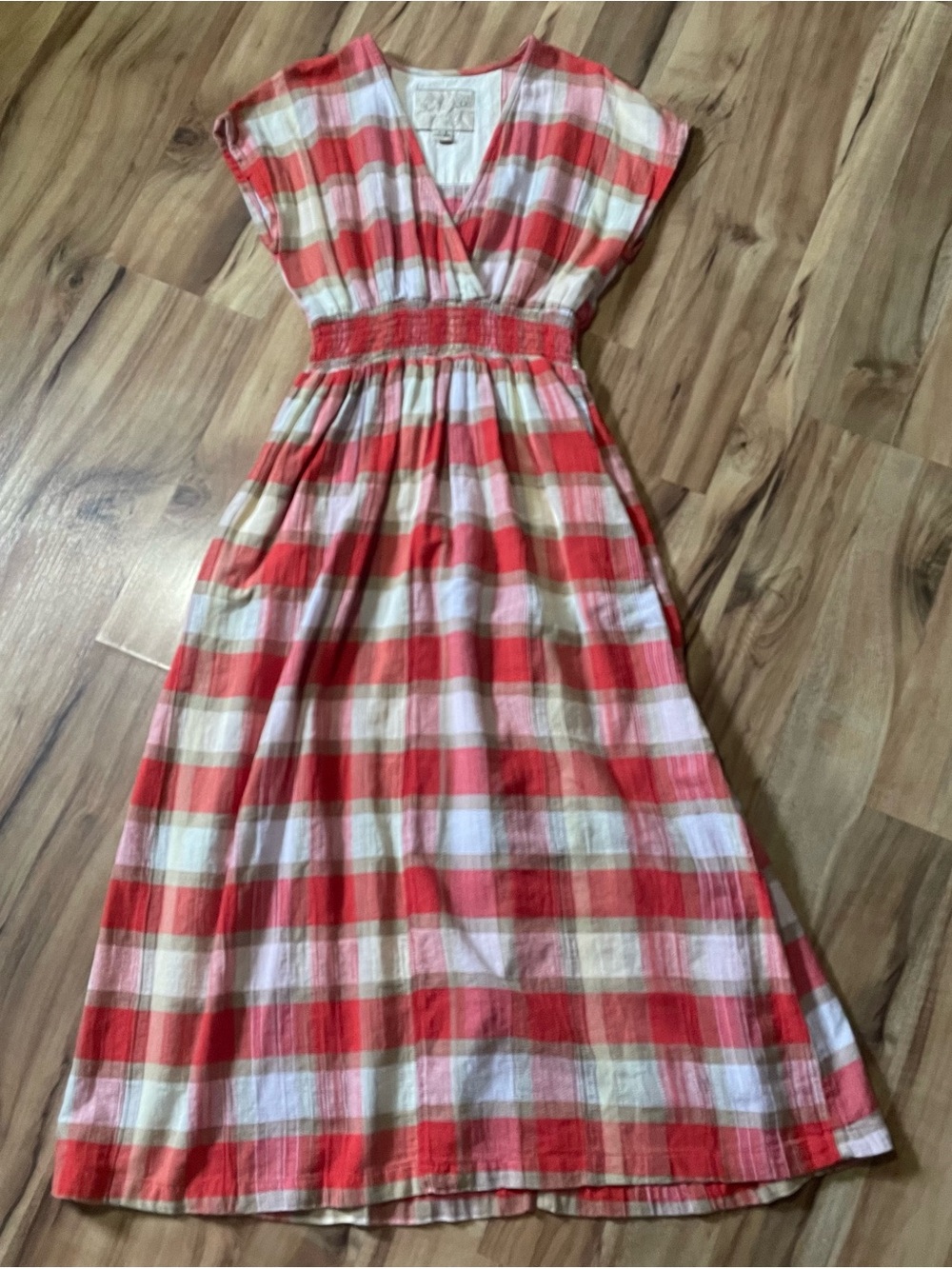 Ace & Jig Picnic Faye Dress Red White Check Plaid Custom Woven Midi Pockets Sz S